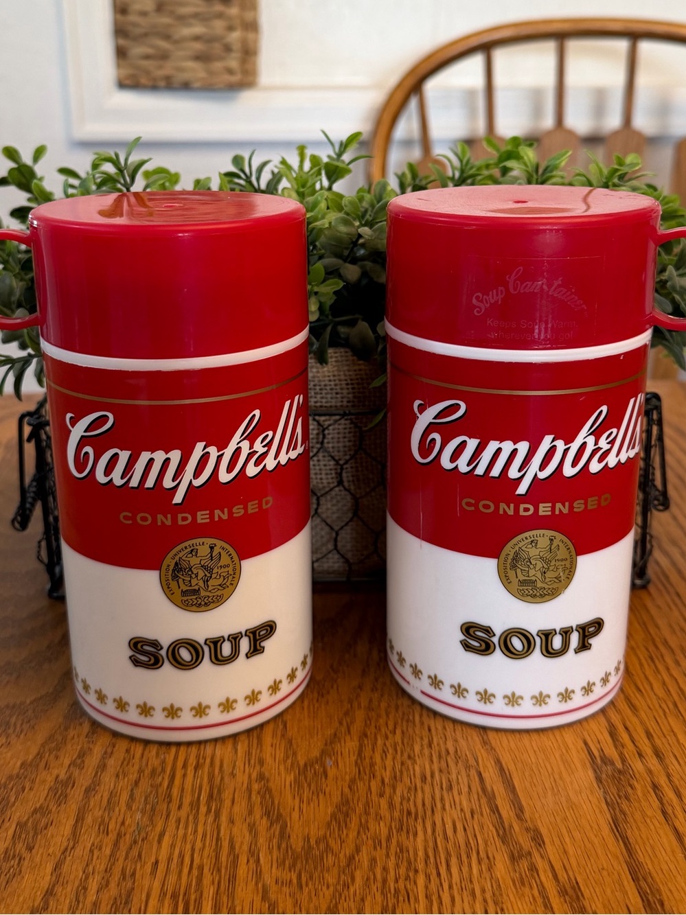 Vintage Campbell's Soup Red & White Soup Thermos Containers (2)